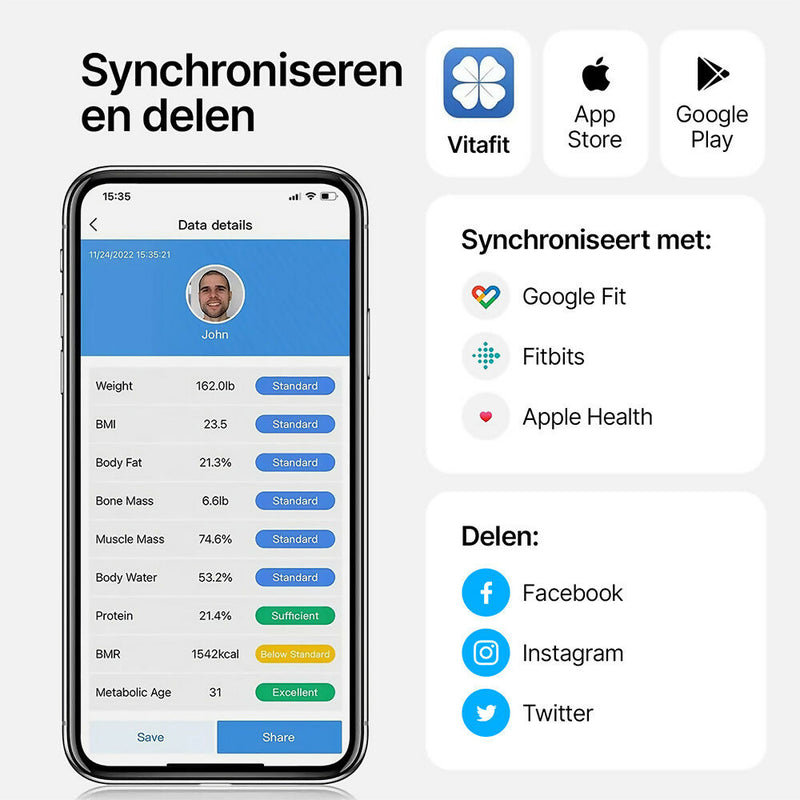 Weegschaal / personenweegschaal met app / maximaal 180 kg / lichaamsanalyseweegschaal met bluetooth / meet lichaamsvet en spiermassa, BMI, proteïne, BMR / zwart