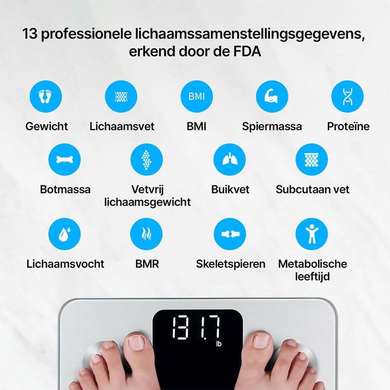Weegschaal / personenweegschaal met app / maximaal 180 kg / lichaamsanalyseweegschaal met bluetooth / meet lichaamsvet en spiermassa, BMI, proteïne, BMR / zwart