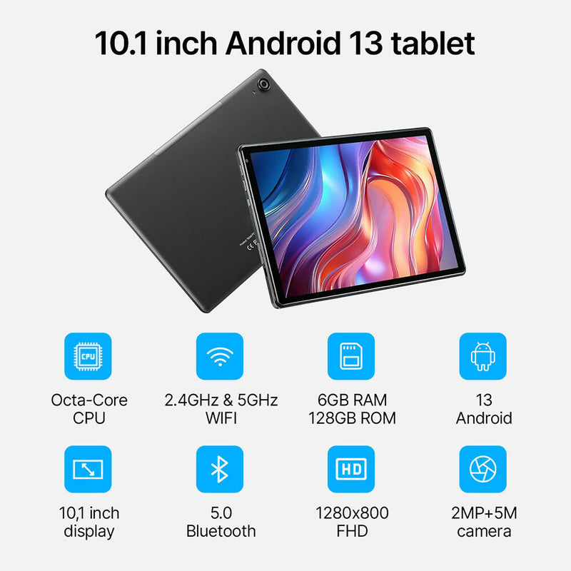 Tablet met Octa-Core 2.0 GHz processor / 6GB RAM + 128GB ROM / 10,1 inch FHD IPS-display / Dual-band WiFi / 8 uur batterijduur / Android 13 OS / Inclusief beschermhoes