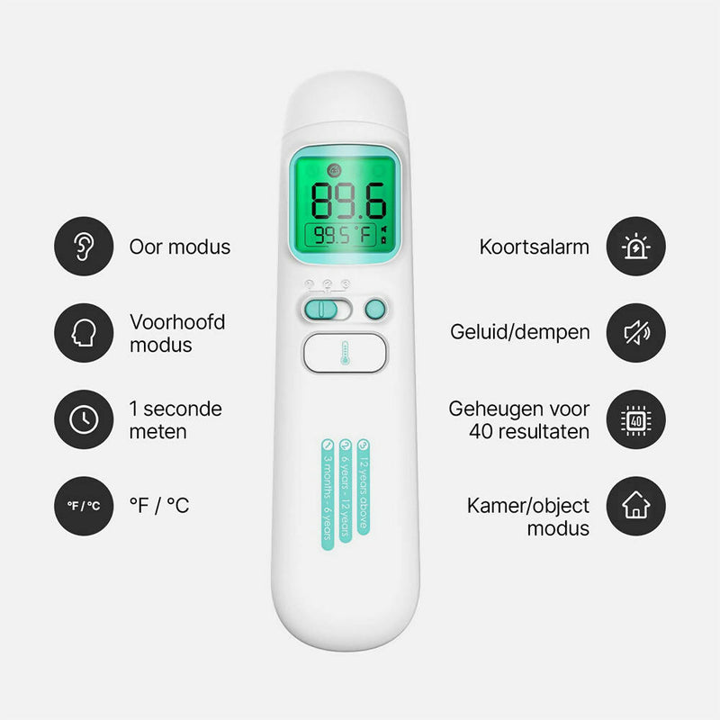 Contactloze infraroodthermometer voor baby's en volwassenen / voorhoofd- en oorthermometer / medische standaard / snelle en nauwkeurige resultaten in 1 seconde / met koortsalarm en 4-in-1 metingen