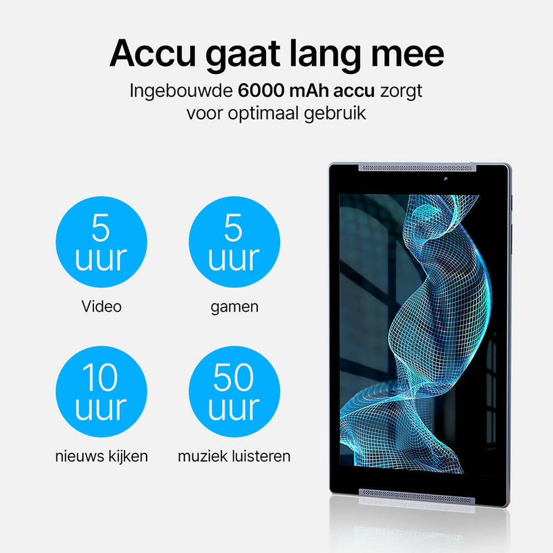 Android tablet / 10 inch beeldscherm / 4GB RAM / 64 GB opslag / 8 MP + 2MP camera / 5G / Wi-Fi / Bluetooth / Met houder / 2 luidsprekers