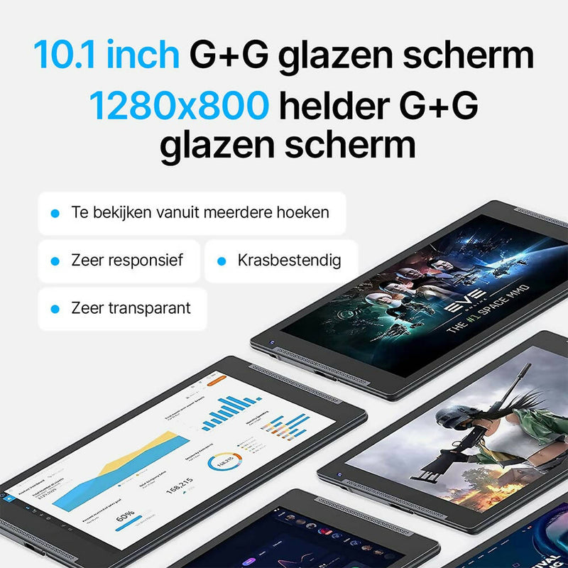 Android tablet / 10 inch beeldscherm / 4GB RAM / 64 GB opslag / 8 MP + 2MP camera / 5G / Wi-Fi / Bluetooth / Met houder / 2 luidsprekers