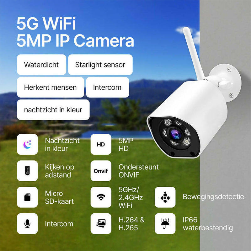 Beveiligingscamera voor buiten / 5 MP / IP-camera / Outdoor / 5GHz en 2,4 GHz wifi / nachtzicht in kleur / bewegingsmelder met alarm / 24/7 opnemen / IP66 waterdicht