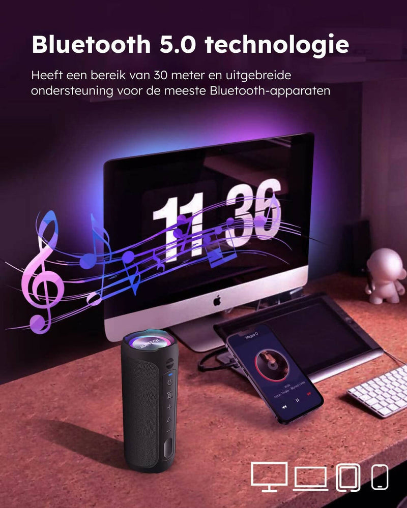 Draagbare Bluetooth-luidspreker met diepe bas, Bluetooth 5.0, luid stereogeluid, LED-licht, IPX7 waterdicht, handsfree microfoon en 24 uur speeltijd