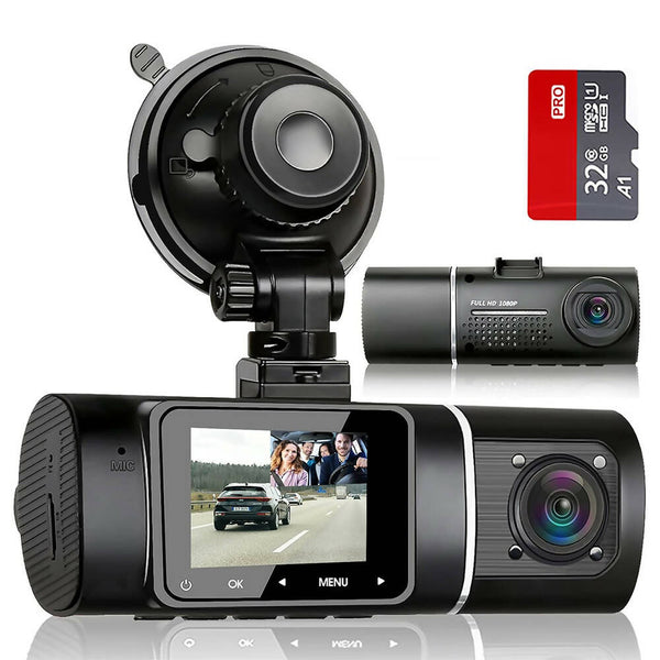 Dashcam / Voor- en binnen camera / 32 GB SD / 2x 1080P / 310 groothoeklens / Nightvision / Loop opname / Bewegingsdetectie / WDR-kwaliteit / Met G-sensor