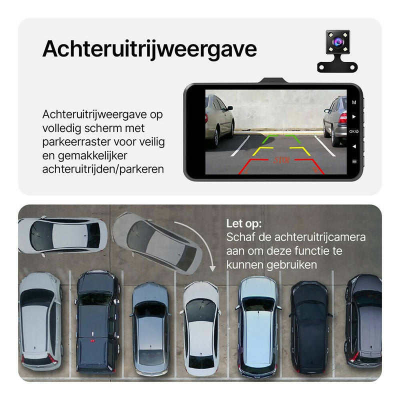 Dashcam / 1080P / 32GB SD-kaart / 4 inch / 170 ° groothoek / nachtzicht / WDR / G-sensor / loopopname / parkeerbewaking / bewegingsdetectie / achteruitrijhulp / schermbeschermer