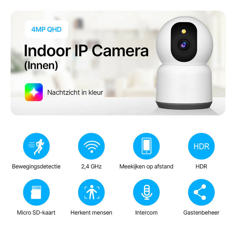 Bewakingscamera voor binnen / 4 MP / wifi / 360 graden / nachtzicht in kleur / bewegingsmelder / alarm / 2-weg audio / geschikt voor Alexa