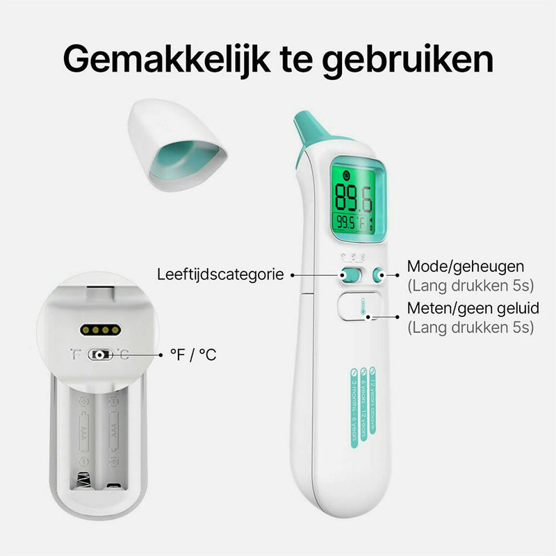 Contactloze infraroodthermometer voor baby's en volwassenen / voorhoofd- en oorthermometer / medische standaard / snelle en nauwkeurige resultaten in 1 seconde / met koortsalarm en 4-in-1 metingen